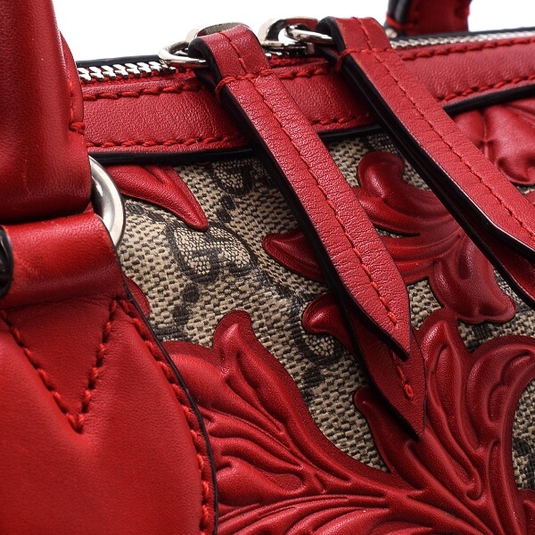 Gucci - Red GG Supreme Arabesque Leather Small Boston Bag